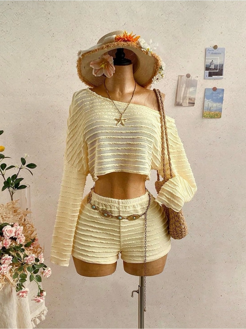 Light Yellow Crochet Swim Coverup Set - Women's Beach Two-Piece